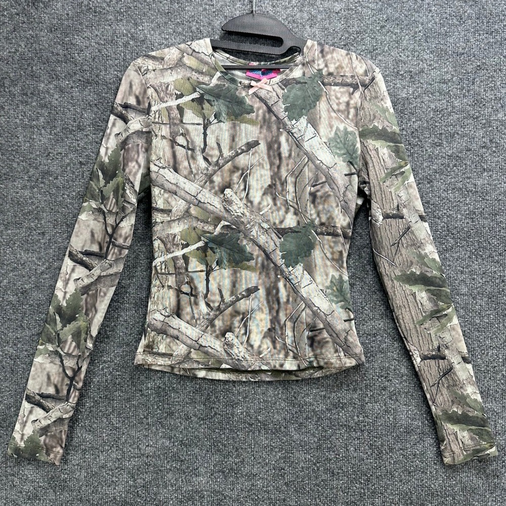 Edikted Womens Camo Mesh Long Sleeve Top Pink Bow Forest Camouflage Size M